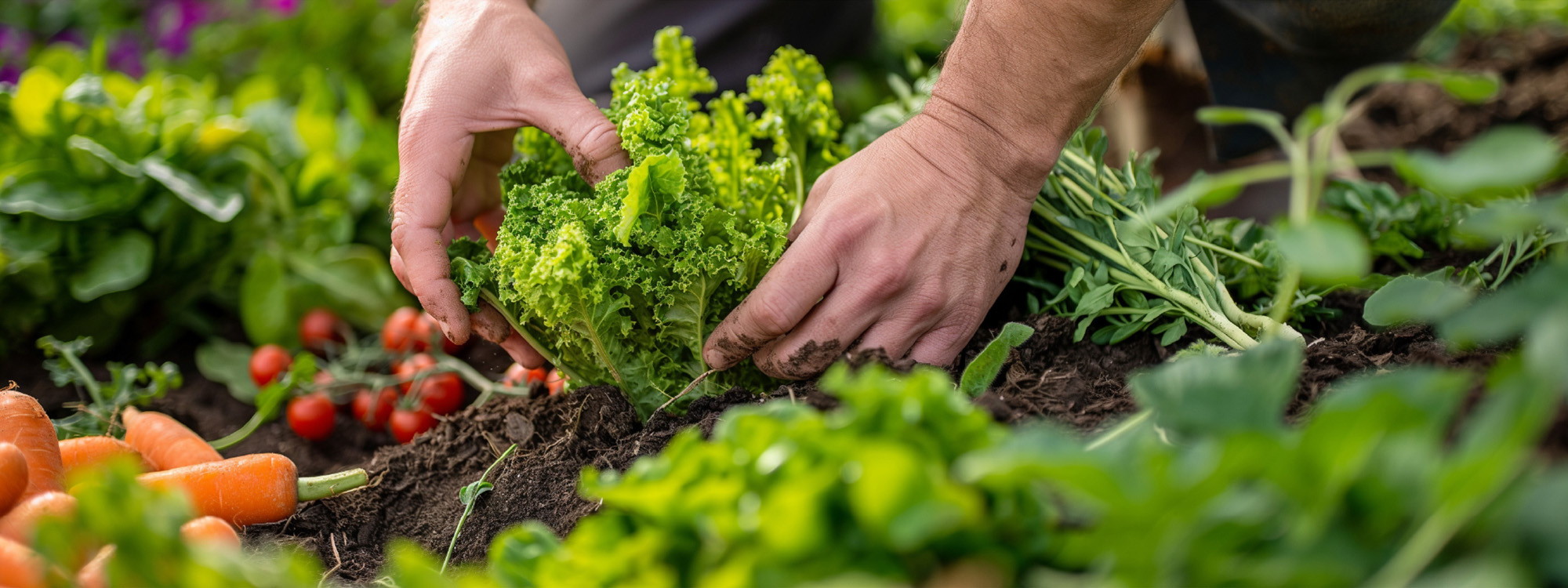 close up of farmer's hands working in lettuce garden