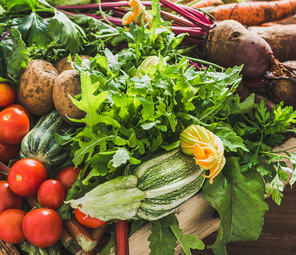 Assortment of fresh organic vegetables and garden produce from prairieland market