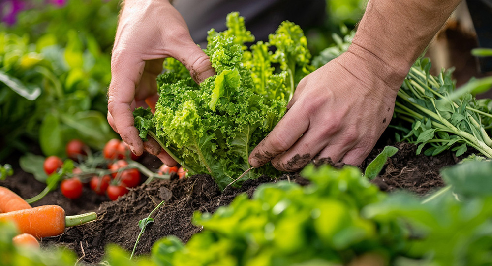 close up of farmer's hands working in lettuce garden
