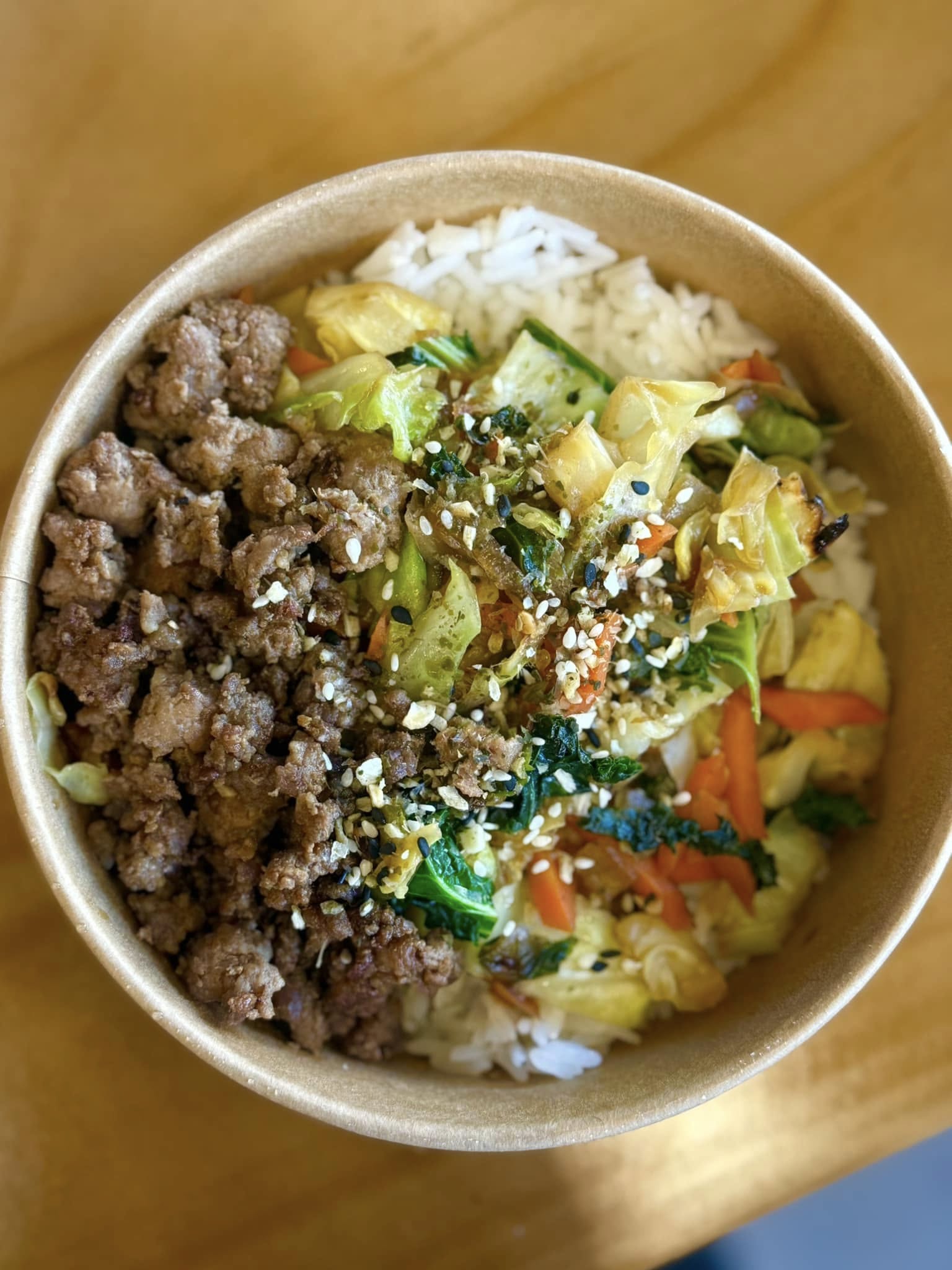 rice bowl with ground pork and vegetables