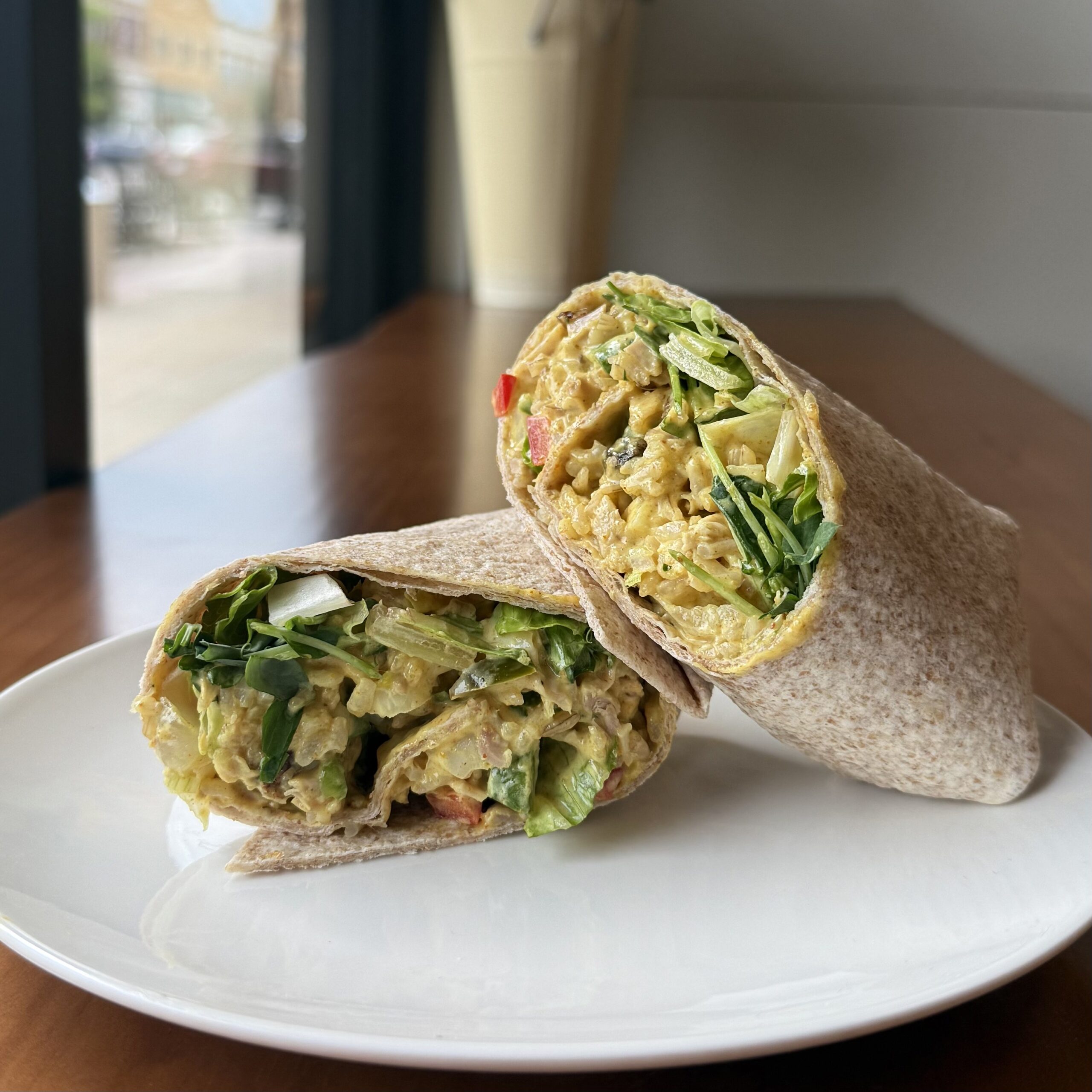 wrap with curried chicken salad and lettuce