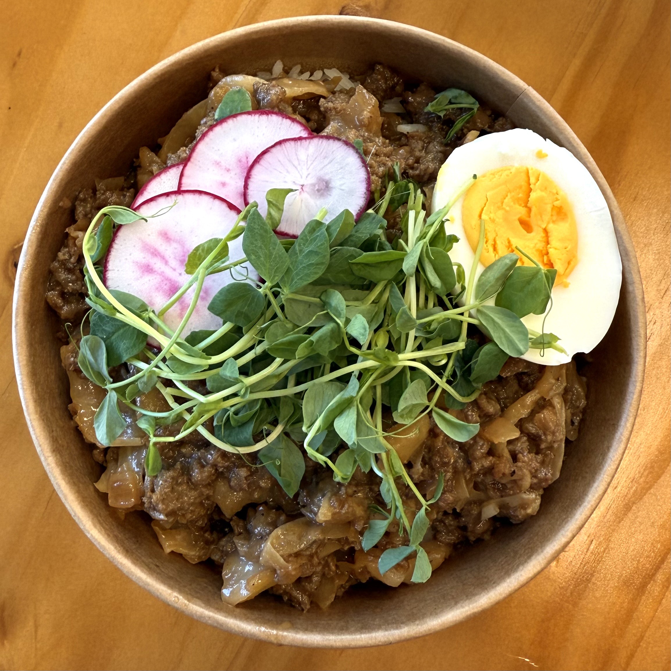 rice bowl with beef, onion, radishes and egg