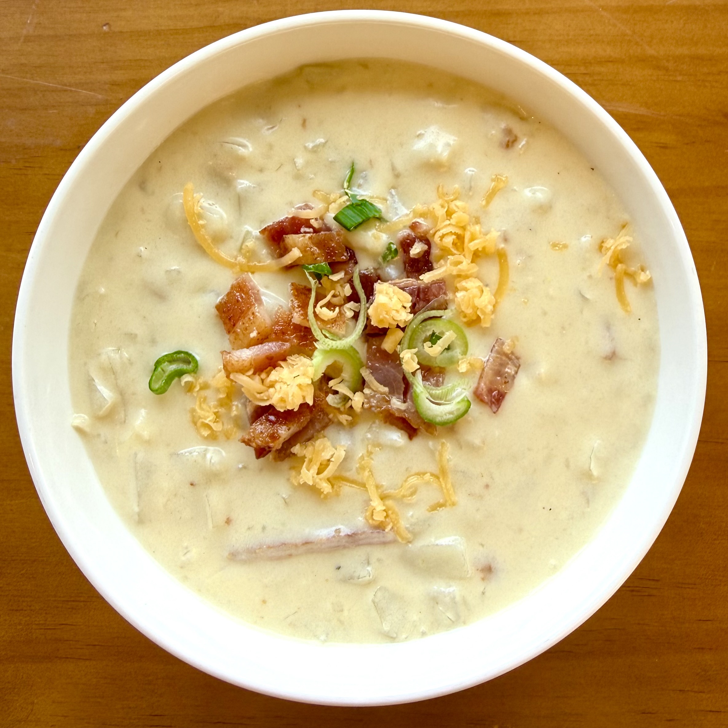 potato soup with bacon, cheese and green onions